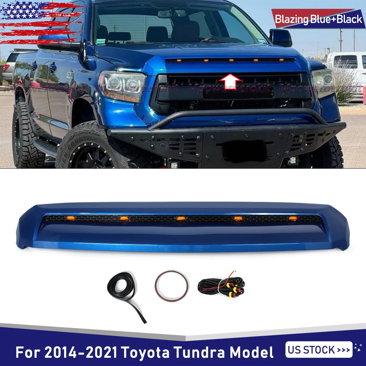 

Super White Front Hood Bulge Molding Trim For Toyota Tundra 2014-2021 w/ Light Front Bumper Upper Grille Hood Scoop BLAZING BLUE