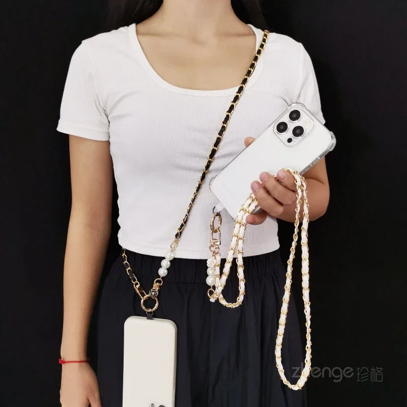 Long pearl pickup chain crossbody neck pendant phone case universal phone hanging rope women's back chain