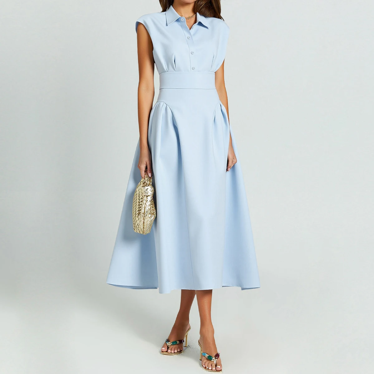 

Mia Muse Dresses Summer Fitting Slim Casual Single Breasted Sleeveless Shirt Collar Midi A-Line Office Lady Dresses For Women