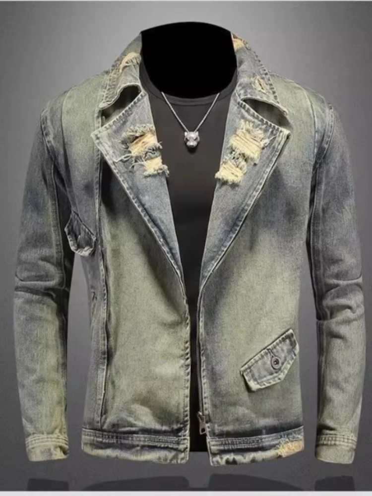 Spring Fall Distressed Denim Jacket Men American Vintage Streetwear Oversized Washed Biker Coat Loose Fit Retro Jean Outerwear