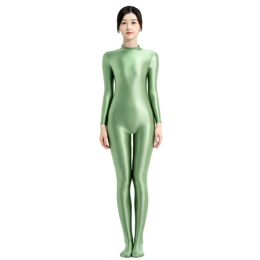 MJINM Women Shiny Glossy One Piece Jumpsuit High Neck Long Sleeve Zentai Suit Yoga Fitness Overalls Back Zipper Rompers Bodysuit