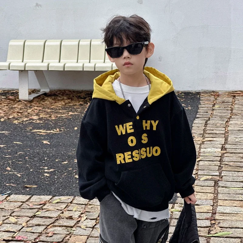 

Boys' hooded warm hoodie trendy cool 2025 autumn and winter new style children's plush loose top clothes children's clothing