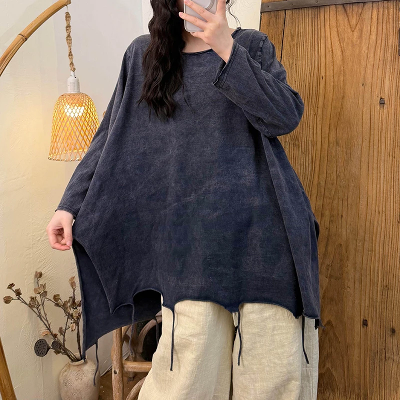 2026 New Arrival Spring All-matched Loose Casual Cotton Tassel Design T Shirt Striped O-neck Long Sleeve Women Clothing H69