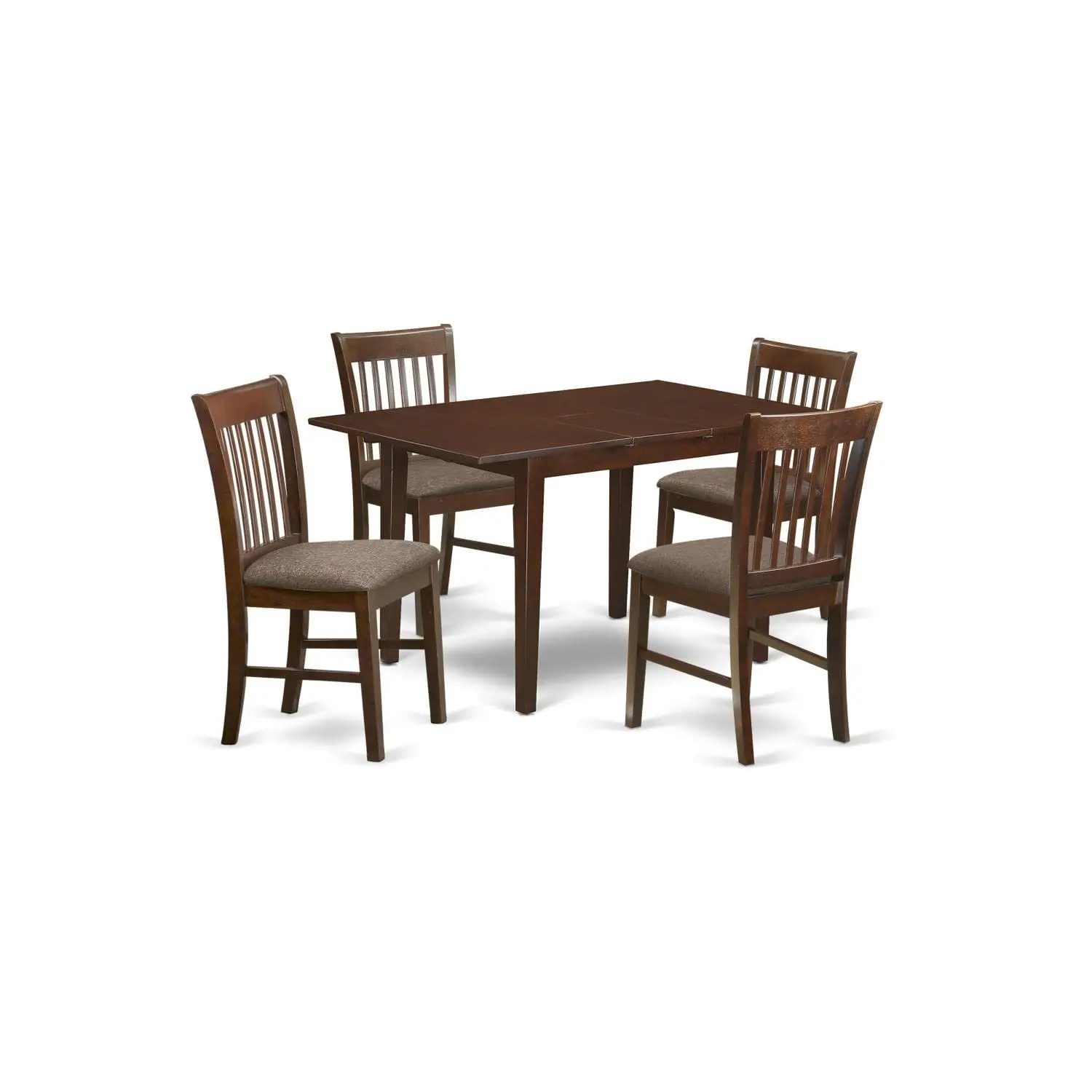 5 Piece Dining Table Set with Butterfly Leaf & 4 Linen Fabric Chairs, 32x60 Inch Mahogany, Customized