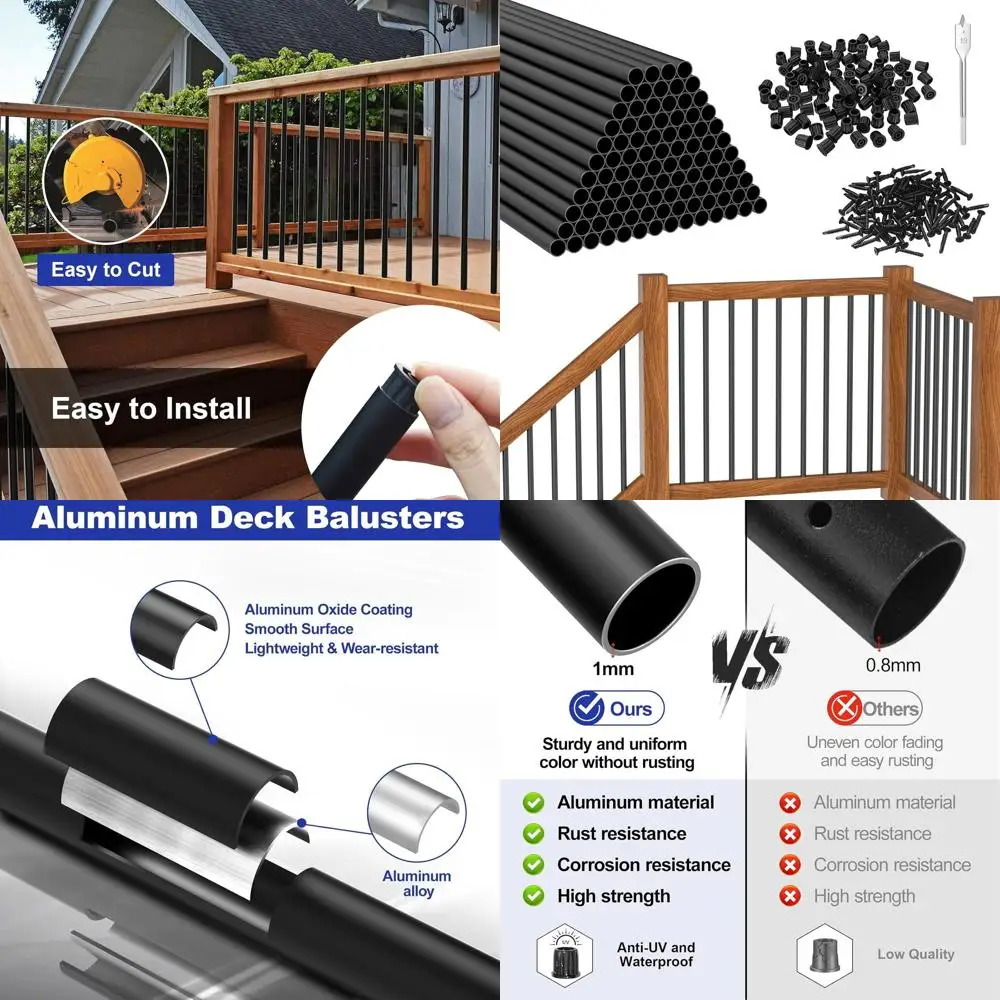 

36-Inch Aluminum Deck Balusters, 100-Pack with Connectors/Screws, 3/4 Hollow Round for Railing and Staircase, Black
