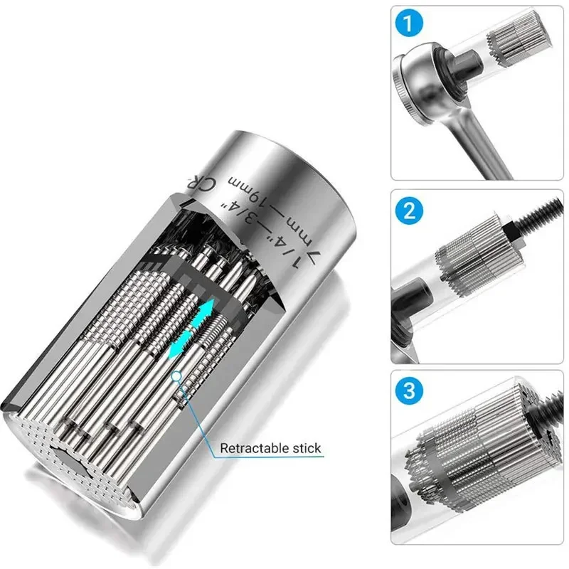 Multifunctional Silvery 7 to 19mm Magic Socket Multi Purpose Wrench Extension Rod Electric Hand Drill Screw Tool Set