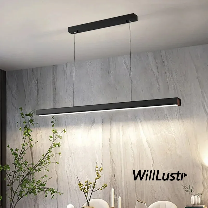 

Creative Aluminum LED Pendant Lamp Iron Long Bar Suspension Light Office Hotel Counter Acrylic Wood Hanging Ceiling Chandelier