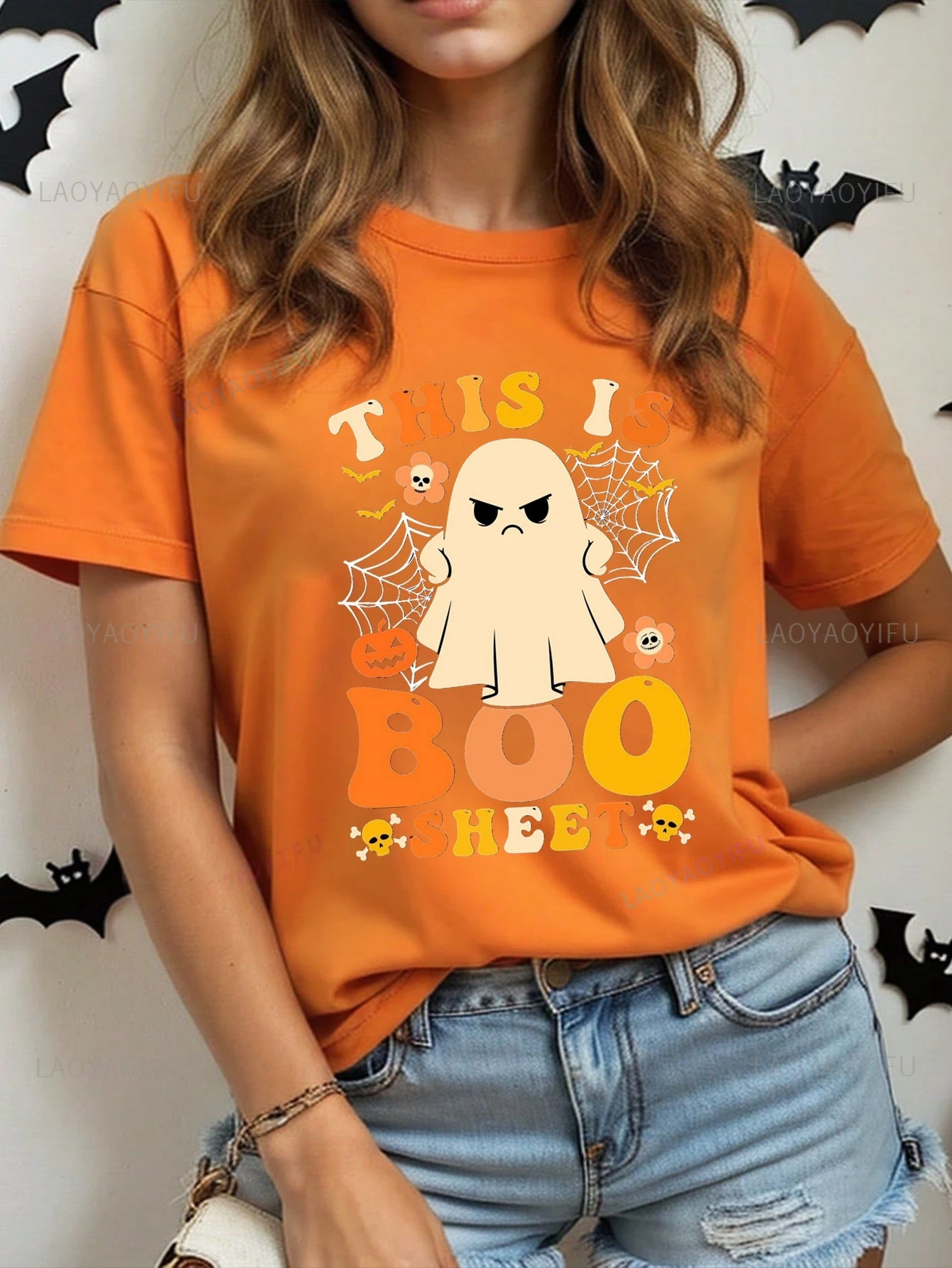 THIS IS BOO SHEET, Halloween Party Women's Shirt, Everyday Casual Street Wear, Women's Short Sleeve 0 Neck Cotton T-shirt