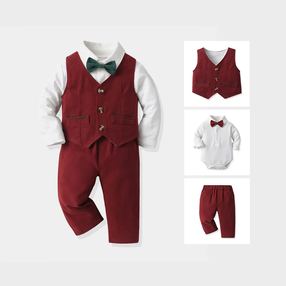 Foreign trade boy's velvet dress set, wine red vest shirt, pants, little boy's birthday host, flower girl costume