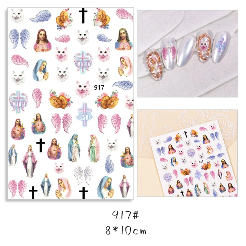 3D 1/6 Sheets Heaven Mary Flower Back Glue Angel Nail Stickers Nail Decals Manicure Tools Nail Art Decorations