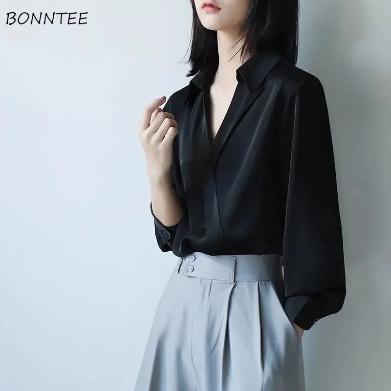 

Minimalist Shirts for Women Loose Solid Gentle Female Korean Style Fashion Spring Autumn V-neck Soft Prevalent Ins Beautiful