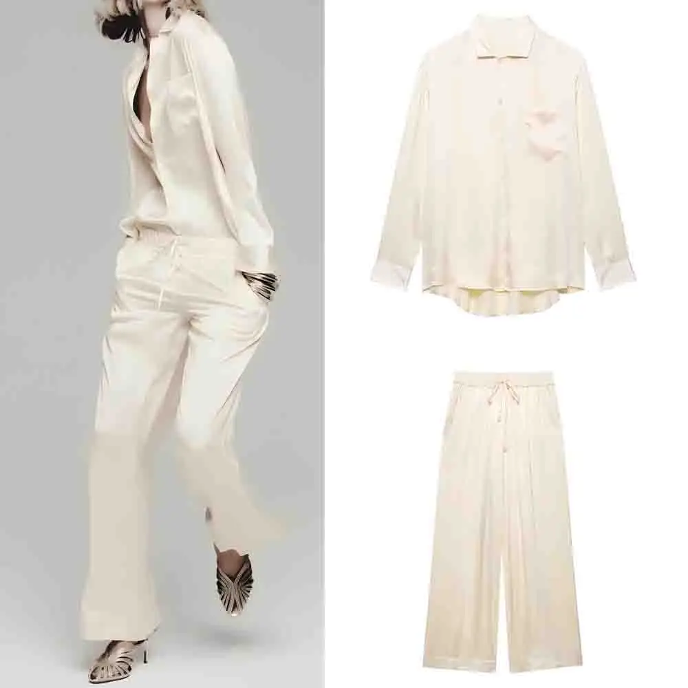 

Women's New Fashion With Pocket Loose Silk Blended Asymmetric Shirt Long Sleeve Button-up Women's Shirt chic Top+Pants suit