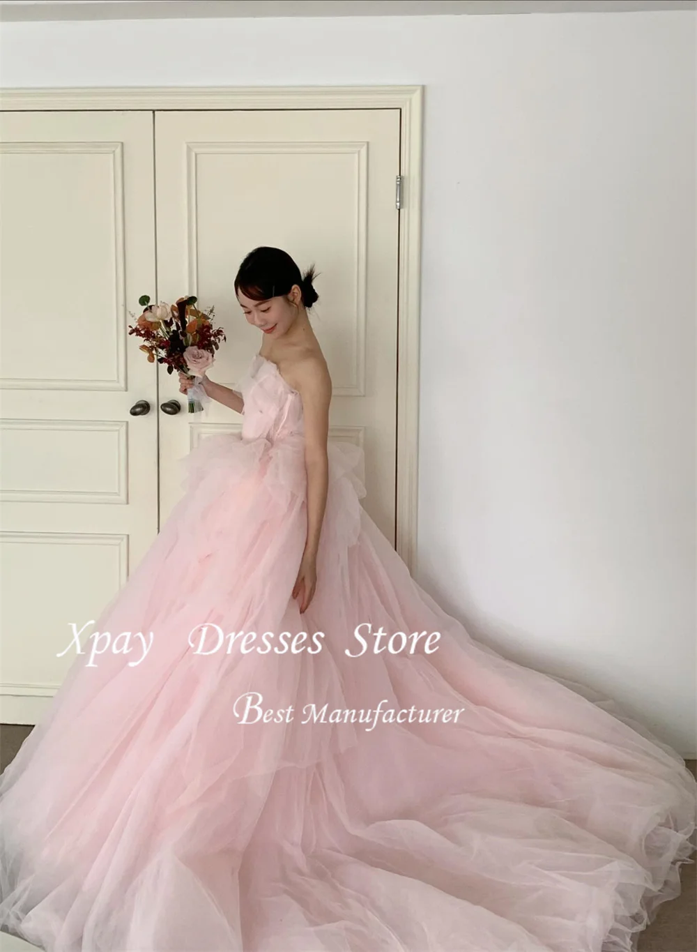 فساتين XPAY Princess Pink بدون حمالات بطيات كورية على شكل حرف a للحفلات لالتقاط الصور بطول الأرض فساتين منتفخة مخصصة