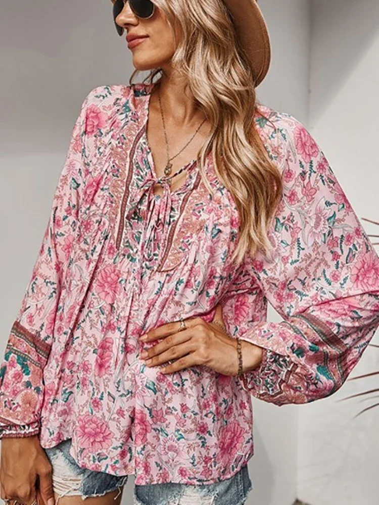 

Vintage Lantern Sleeve Top Female Clothing Print Blouse Women Lace Up Spring Autumn Blusas Femme Shirts New