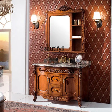 

European bathroom cabinet mirror cabinet red oak wash basin cabinet combination floor solid wood carving flower