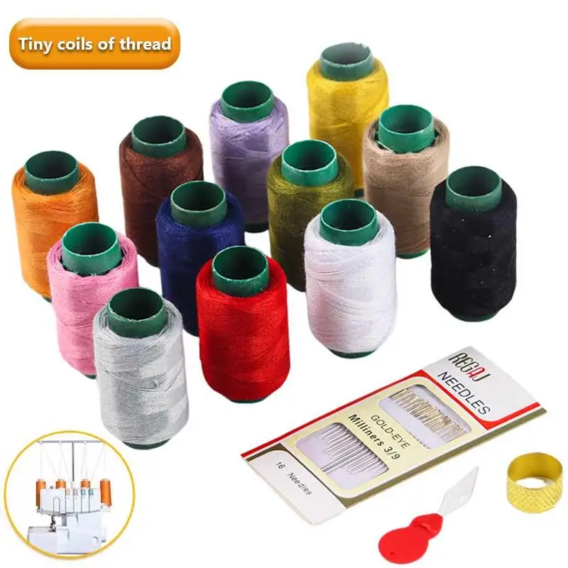 Kit de hilo de coser de 12 colores, kit pequeño de hilos de poliéster y aguja, con enhebrador de agujas para mano y máquina, bricolaje y hogar