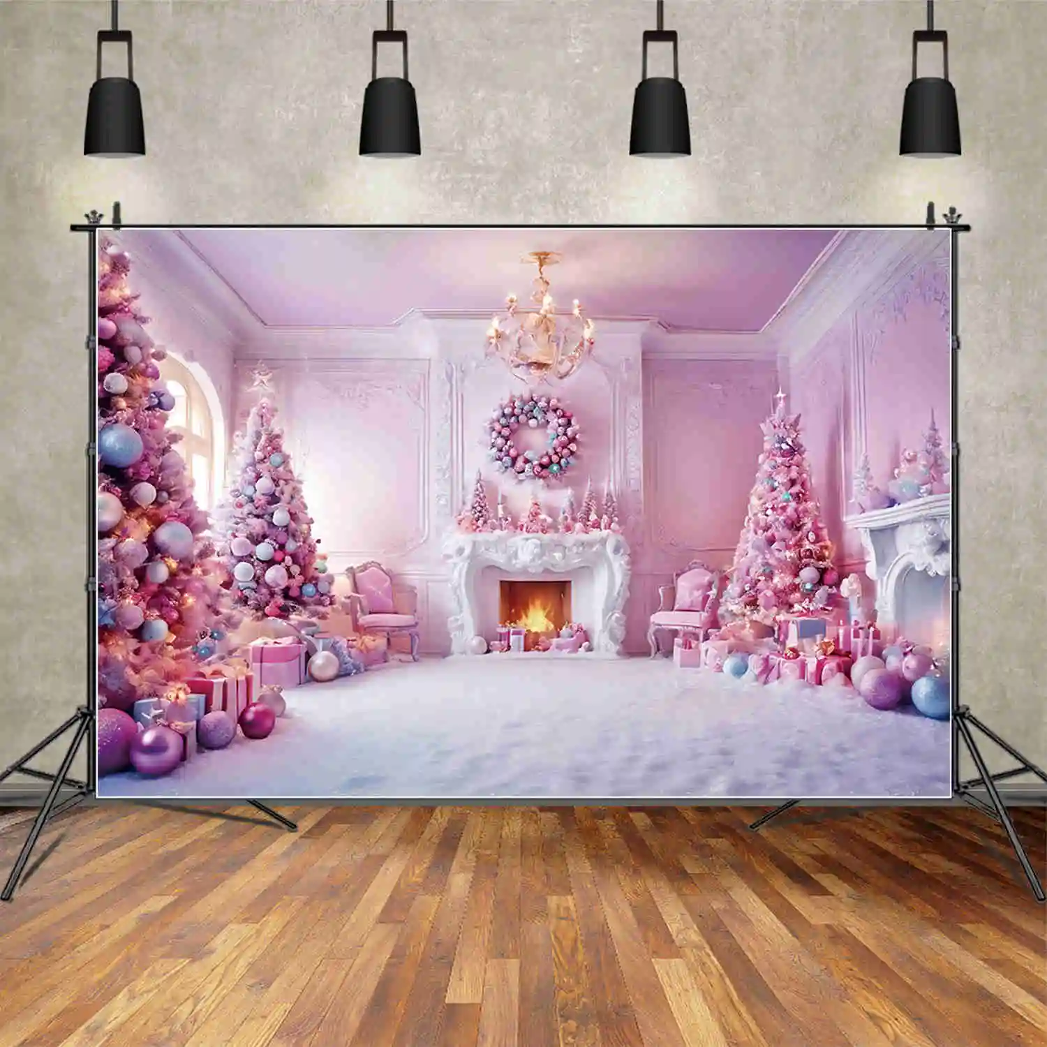 MOON.QG 2024 크리스마스 크리스마스 트리 배경, 냉동 장식 나무 벽난로, 서양 배경, 파티 사진 용품