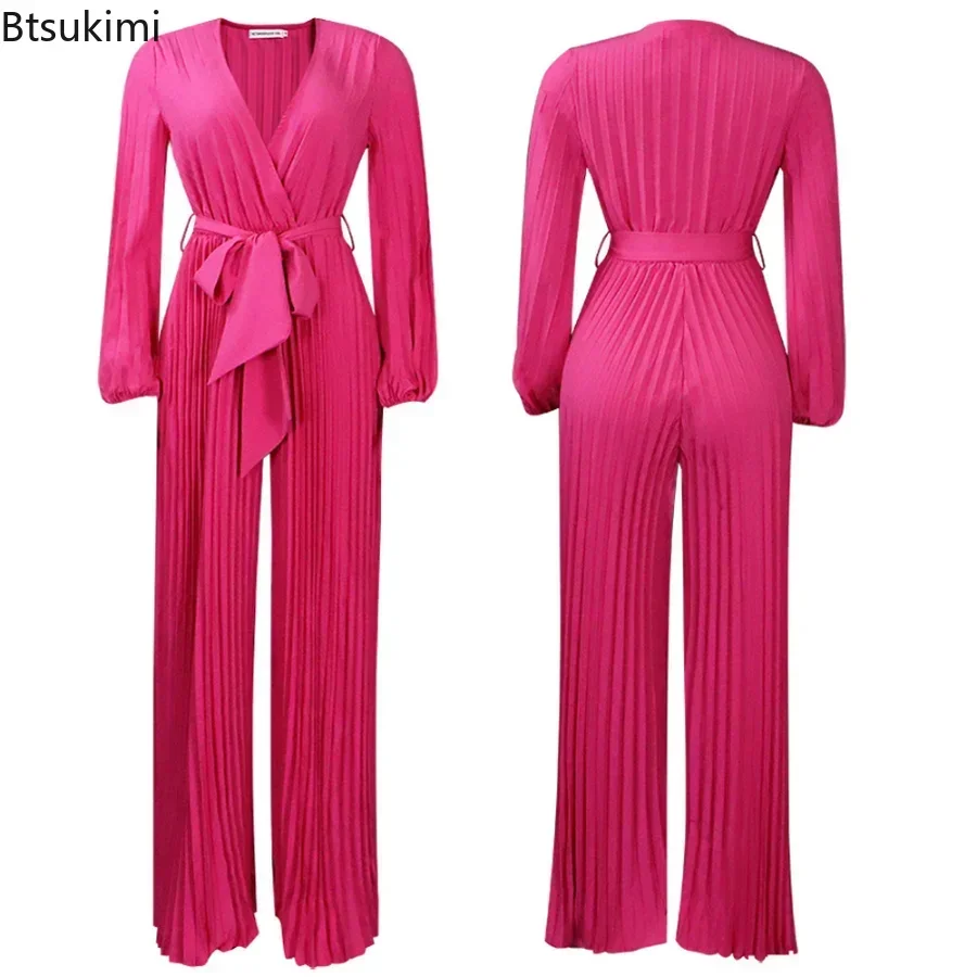 2025 Women's Summer Jumpsuit Solid V Neck Pleated High Waisted Lady Club Party Evening Clothing Female Fashion Loose Overalls
