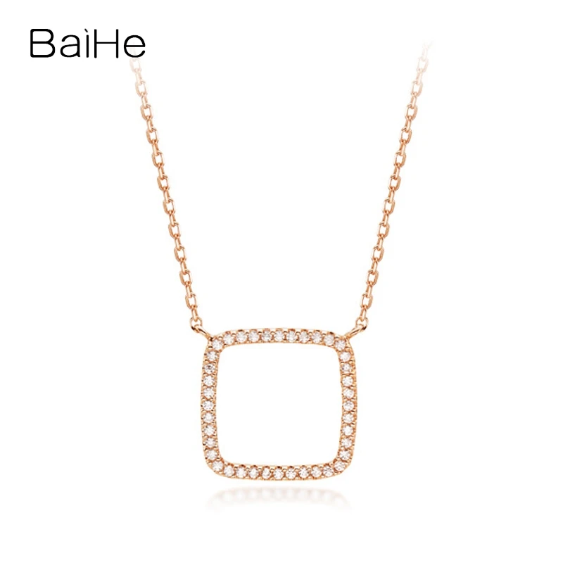 

Baihe Real Solid 14K Rose Gold H/SI Natural Diamond Square Necklace Women Engagement Wedding Trendy Gift Fine Jewelry Making