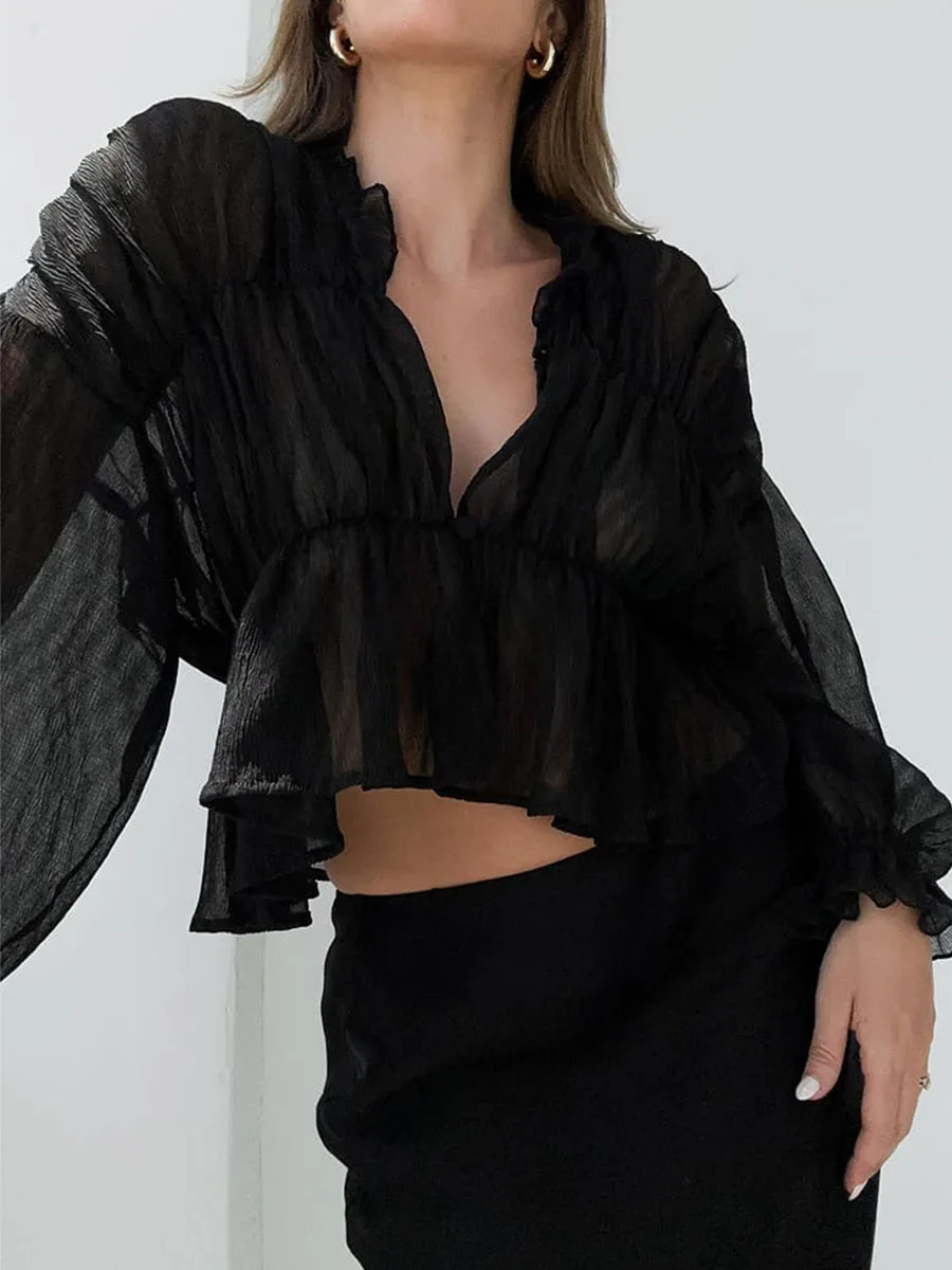 Women s Sheer Mesh Button Up Shirt Long Lantern Sleeve V Neck Peplum Tops Pleated Ruched See Through Blouse Tops