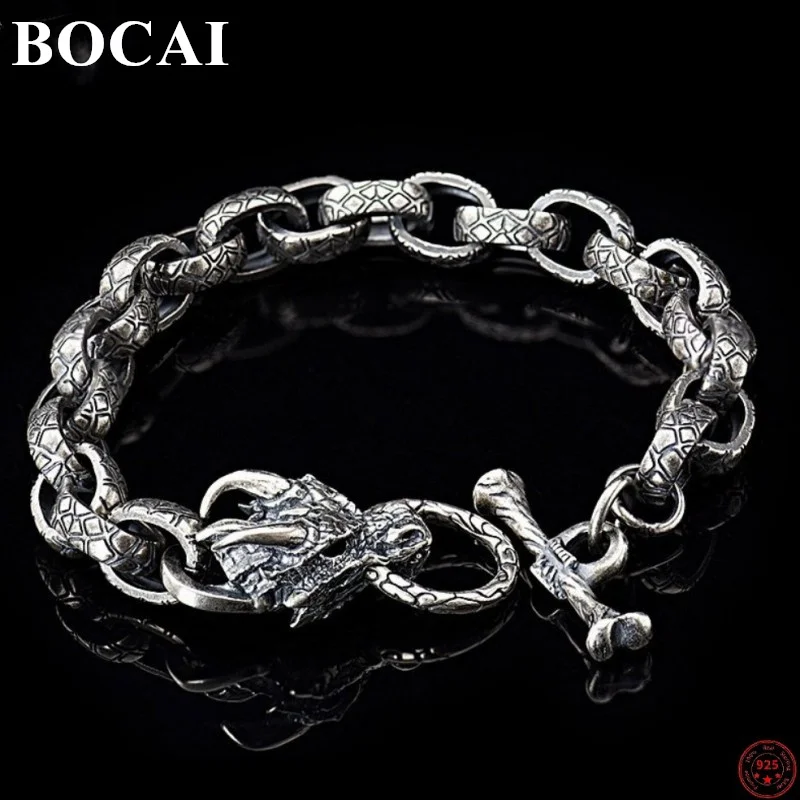 

BOCAI S925 Sterling Silver Bracelets for Men New Fashion Punk Hip Hop Cool Trend Loong Head O-chain Jewelry