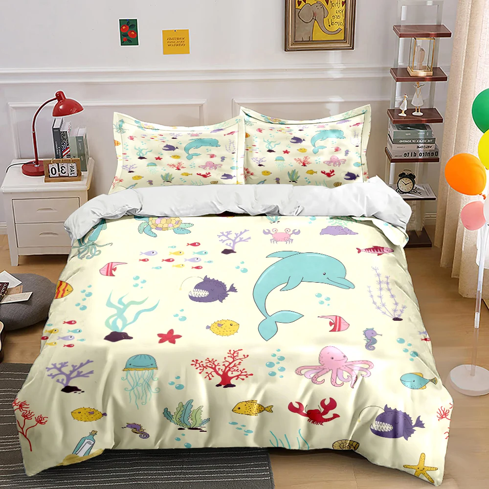 

3PC Cartoon Marine Life Pattern Print Bedding Set 1 Duvet Cover 2 Pillowcases for Adult and Children Luxury Gift Full Size