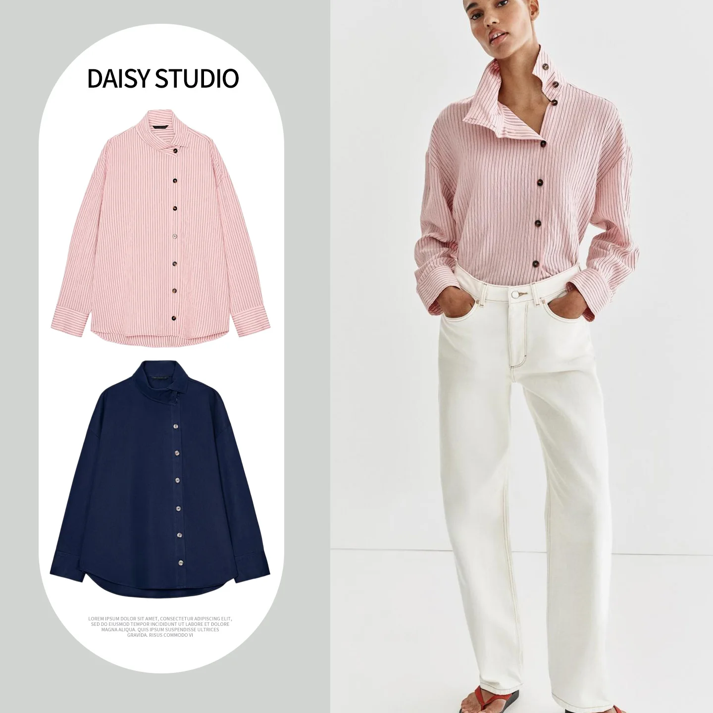 

Casual Striped Shirt Women's Long Sleeve High Collar Double Button Polyester Fiber Breathable Commute Style Regular Fit Summe...