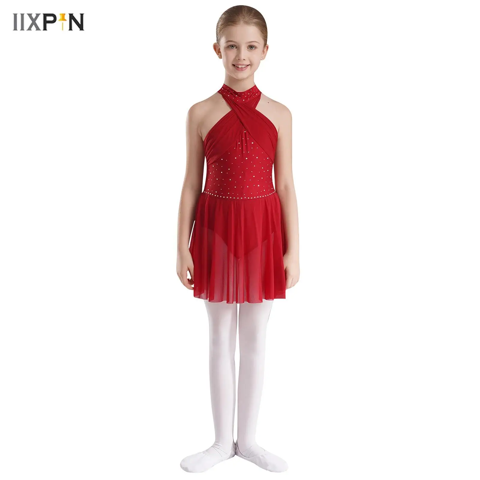 

Kids Girls Shiny Rhinestones Lyrical Dance Dresses Cross Mesh Patchwork Sleeveless Leotard Dress Stage Performance Dancewear