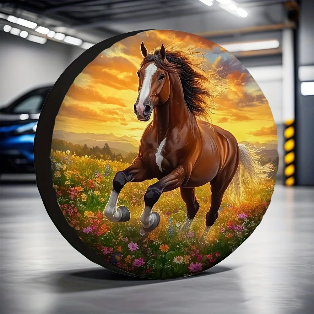 1pc Galloping Horse Spare Tire Cover - Vibrant Sunset Meadow Floral Design, Durable Polyester Fit For Cars, Trucks, SUVs - Weath
