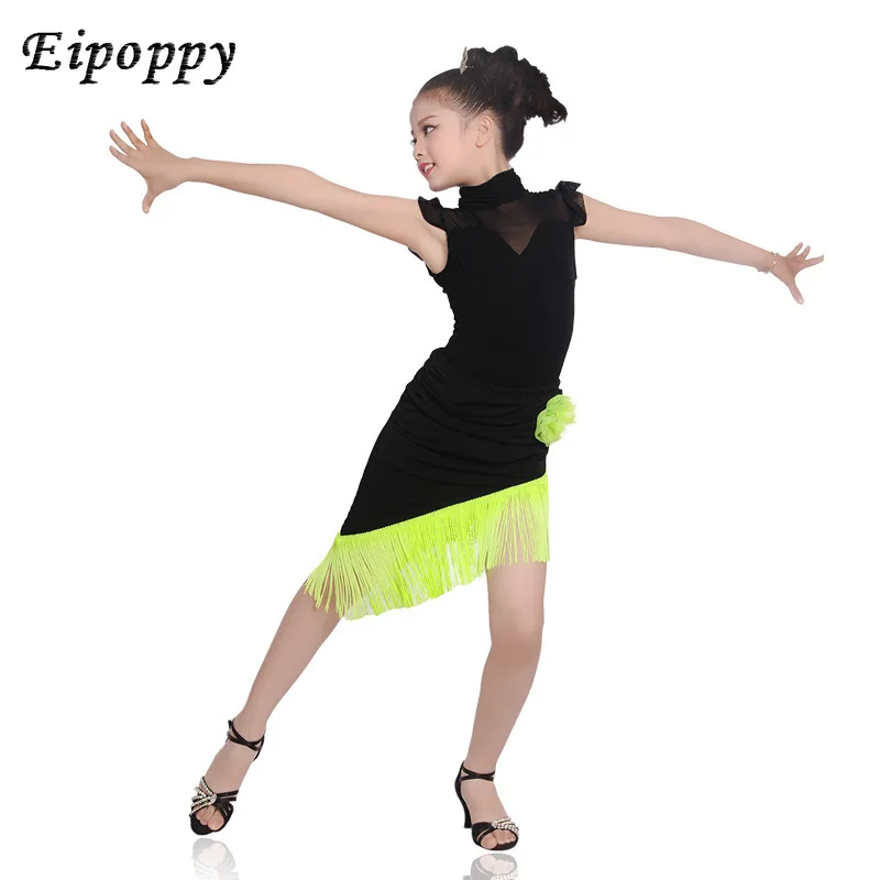 Children tassel Latin dance skirt childrens modern dance clothing short sleeve suit children's GB dance costumes female