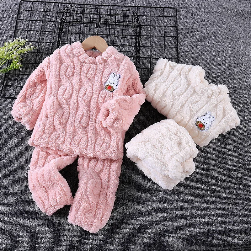 Children Plush Thickened Sets Flannel Soft Girls Clothes Autumn Winter Pullover Warm Sleepwear Cartoon Rabbit Kids Pajamas ملابس