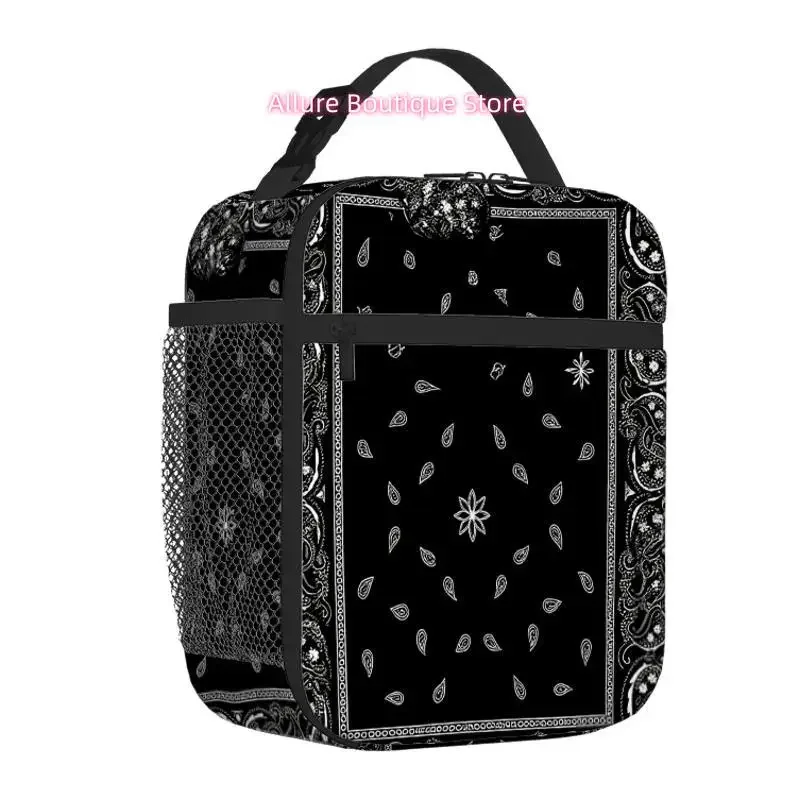 1pc, Black Bandana with White Paisley Pattern and Border Design. Printed Thermal Bag, Insulation Bag, Insulated Bag. Not for Foo