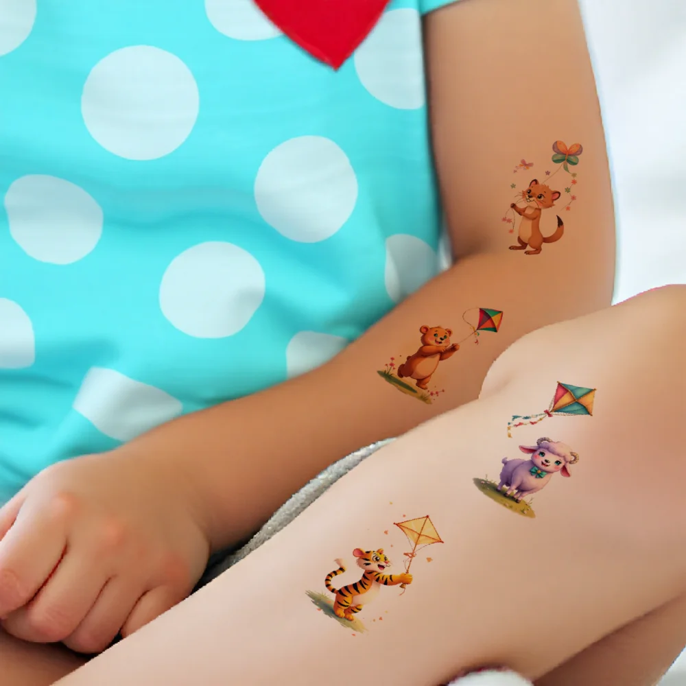 54pcs Temporary Tattoo Animal Kites Cartoon Cute Kites Waterproof Long-lasting Body Stickers For Girls Cheeks Children