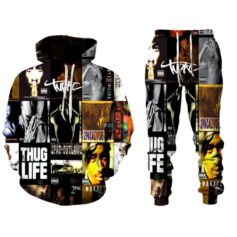 Conjunto de sudadera con capucha y pantalón para hombre y mujer, traje de dos piezas con estampado 3D del cantante de Rap 2 PAC Tupac, estilo Hip