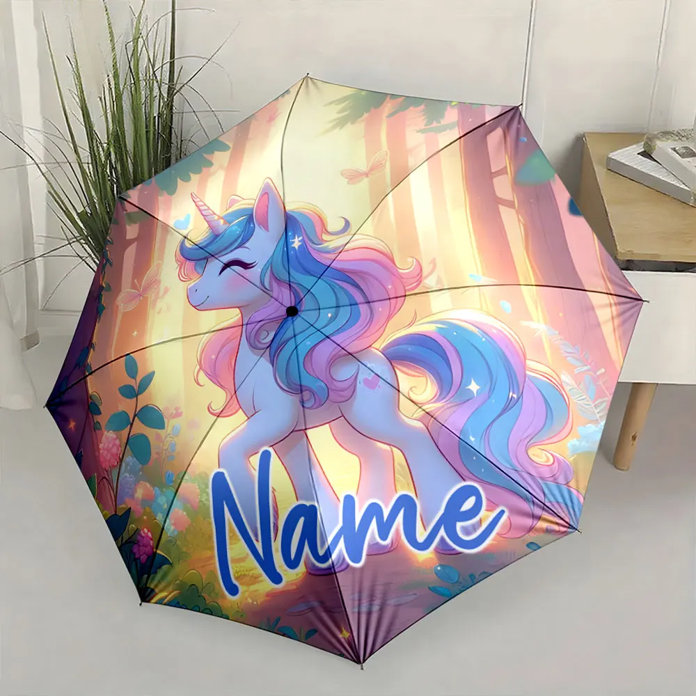 Custom Name Whimsical Unicorn Umbrella for Kids Print 8 Iron Ribs Folding Umbrella Auto-Open Fashion Sunshade
