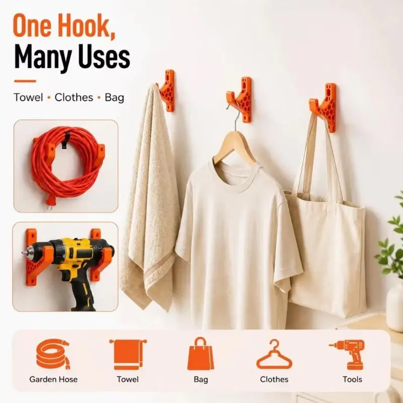 Heavy Duty Wall Mounted Utility Hook Easy Install Multi-Purpose Storage Rack for Hose Cable Home Tools