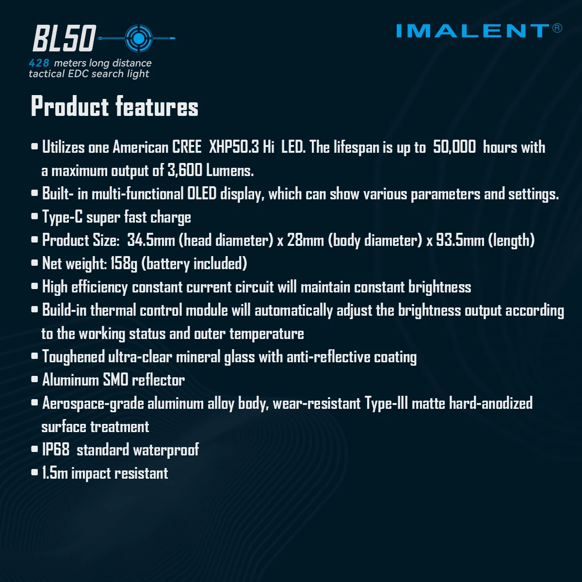 IMALENT BL50 EDC Flashlight 3600 Lumens Cree XHP50 HI LED Type-C Rechargeable Dual Light Source for Camping and Work Lights.