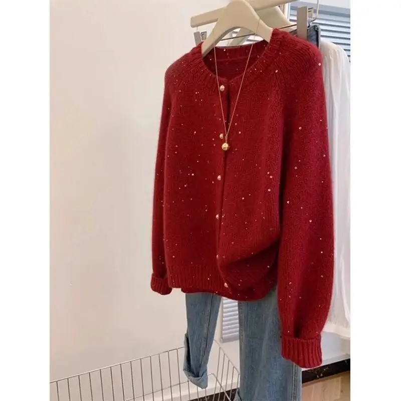 

Round Neck Sweater Cardigan Women Spring Autumn Chinese New Year Retro Red Soft Gentle hot Atmosphere Glitter Knitted Coat