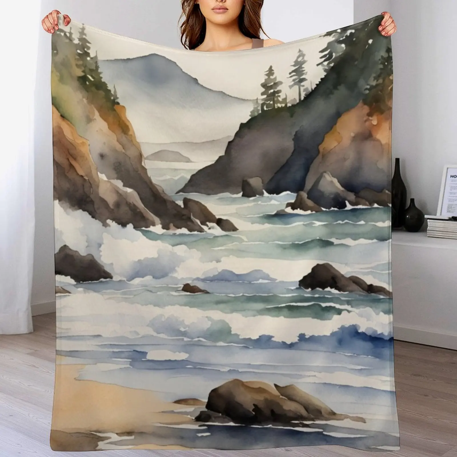 Manta térmica con escena de playa y acuarela de la costa de Oregon para viajes, mantas suaves y pesadas para dormir