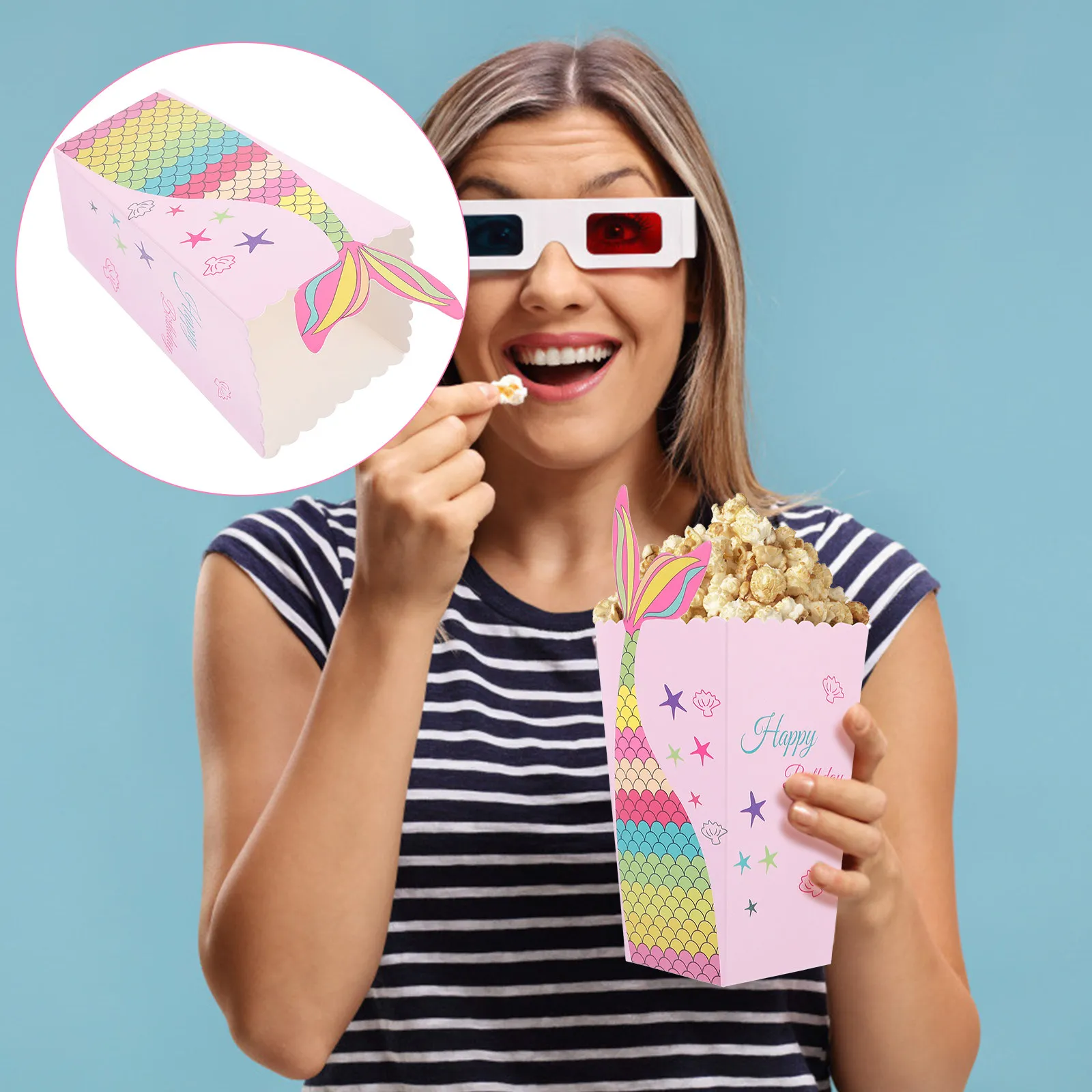 24Pcs Paper Popcorn Boxes Mermaid Pattern Candy Storage Foldable Snack Box Party Supplies Birthday Decoration Treat Container