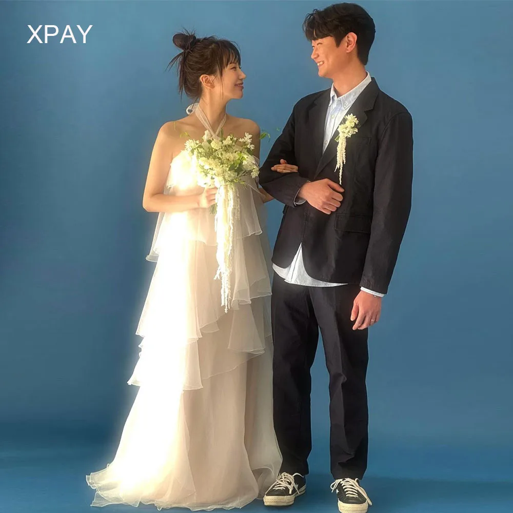 XPAY gaun pernikahan Korea leher Halter sederhana gaun pengantin panjang lantai tanpa lengan berjenjang sifon gaun pesta pengantin wanita desa