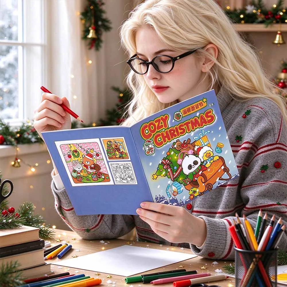 Cozy Christmas Coloring Book for Adults Teens, 32 Single-Sided Pages, Cute Holiday Art, Stress Relief, 21x21cm