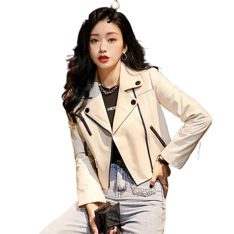 Echte Lederjacke Damen 2024, echter Schaffell-Ledermantel, kurze, schlanke Lederjacken für Damen, weiße Mäntel, Biker-Kleidung, SGG