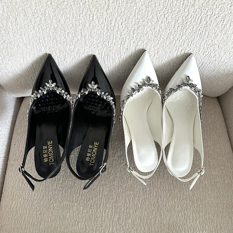 Loook Store 2026 New Black and White Patent Leather Pointed Rhinestone String Nail Bead Rear Empty Oversized Sandals（35-46）