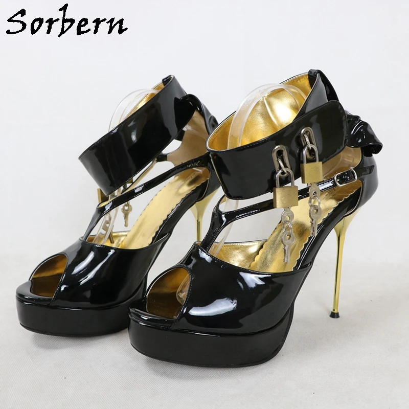 

Sorbern 14Cm Black Glossy Women Sandals With Locks T-Strap Wide Ankle Strap Night Club Footwear Sissy Boy Shoes Custom Colors