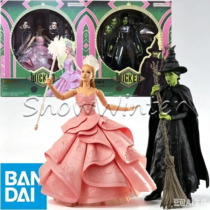 【In-stock】Bandai SHF Wicked Glinda & Elphaba Figure With Wand Broom Cape Accessories & Display Stand For Movie Collectors