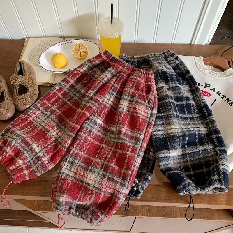 Children's Velvet Casual Pants 2026 Winter New Boys Contrasting Color Plaid Trousers Loose Warm Joggers for Girls Baby Clothing