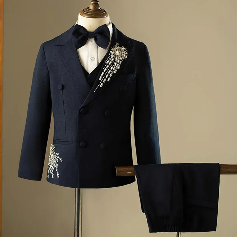 5PCS Children's Gentleman Boys' Tuxedo Sets Beading Design Kids Formal Wedding Birthday Party Suits Navy Gown A3634