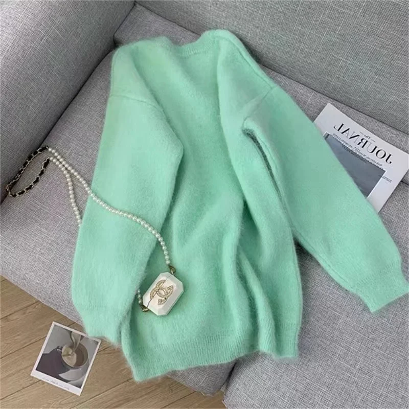 Elegant Women O Neck Soft Mohair Knitted Mint Green Sweaters Chic Autumn Winter Fashion Long Sleeve Warm Loose Female Pullovers