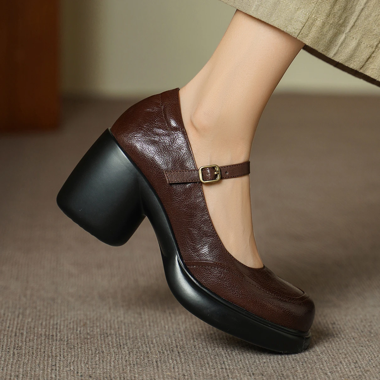 LIHUAMAO Cow leather Mary Jane shoes women block heel shoes ankle strap chunky heel pointed toe pumps party wedding